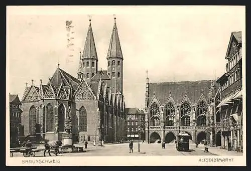 AK Braunschweig, Strassenbahn auf dem Altstadtmarkt