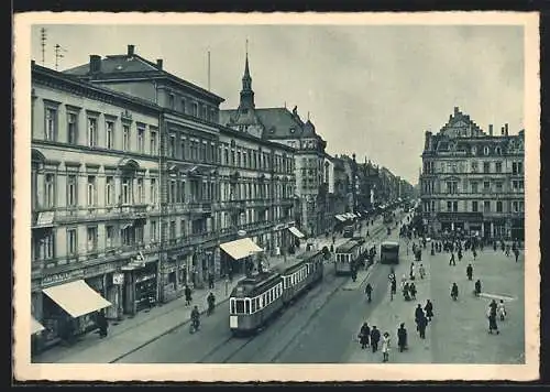 AK Karlsruhe, Kaiserstrasse mit Strassenbahnen