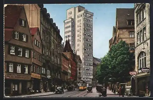 AK Stuttgart, Blick zum Tagblatt-Turmhaus, Strassenbahn