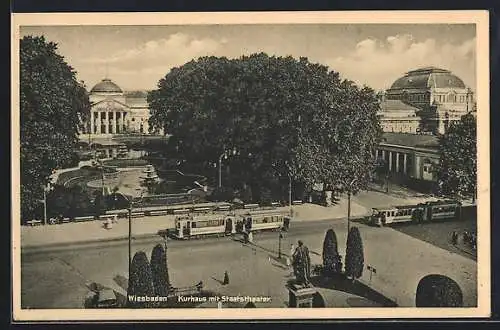 AK Wiesbaden, Kurhaus mit Staatstheater, Strassenbahn