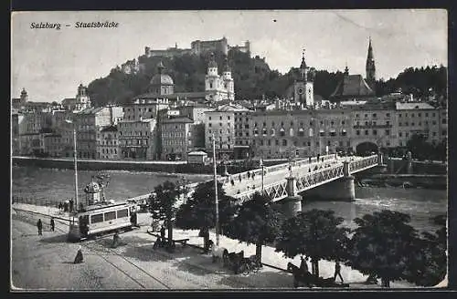 AK Salzburg, Staatsbrücke mit Strassenbahn