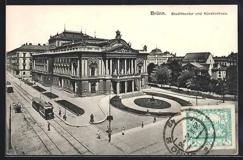 AK Brünn / Brno, Stadttheater und Künstlerhaus mit Strassenbahn