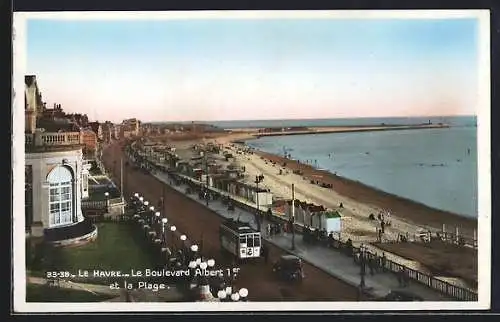 AK Le Havre, Le Boulevard Albert I. et la Plage, Strassenbahn