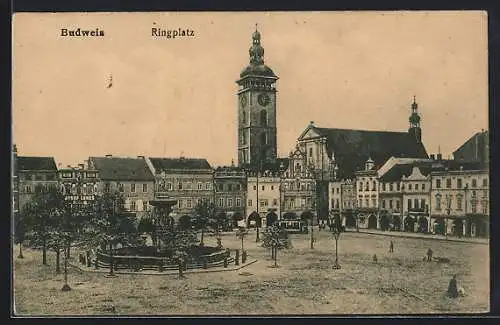 AK Budweis, Strassenbahn auf dem Ringplatz