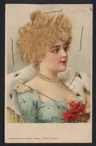 Echt-Haar-AK Dame mit Pelzumhang und krausem blonden Haar