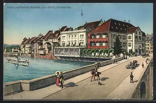 AK Rheinfelden, Hotel-Pension Soolbad zum Schiff mit Strasse und Dampfer