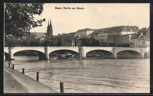 AK Basel, Rheinpartie mit Brücke und Kirche