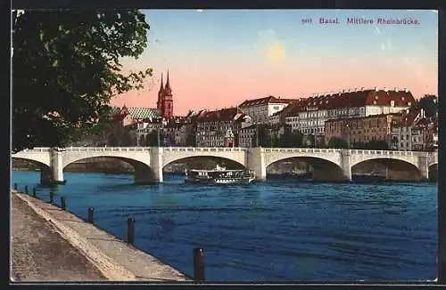 AK Basel, Mittlere Rheinbrücke mit Kirche