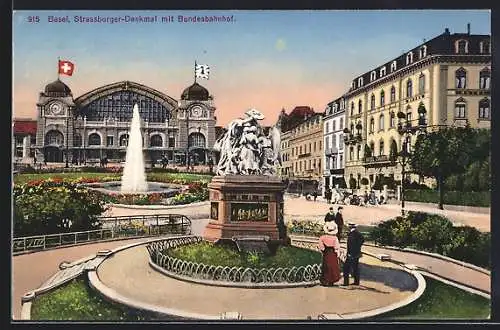 AK Basel, Strassburger-Denkmal mit Bundesbahnhof