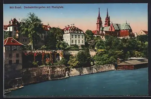 AK Basel, Deutschrittergarten mit Kirche und Rheinpfalz