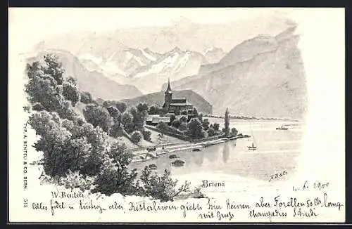 Künstler-AK Brienz, Ortsansicht mit Gebirgspanorama