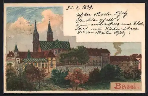 Lithographie Basel, Ortspartie mit Kirche