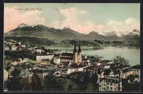 AK Luzern, Teilansicht mit Kirche und dem Rigi