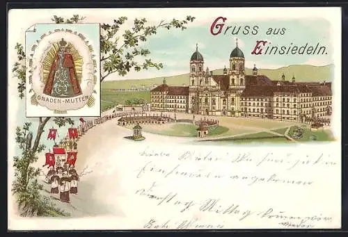 Lithographie Einsiedeln, Kloster und Gnaden-Mutter-Bild