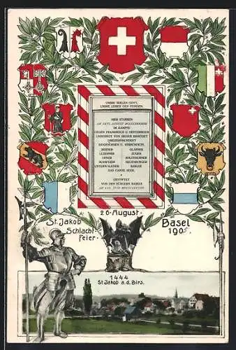 AK St. Jakob a. d. Birs, Die Schlachtfeier Basel 1905, Ortsansicht und verschiedene Wappen