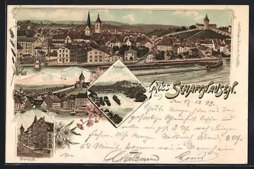 Lithographie Schaffhausen, Rheinfall, Oberstadt, Panorama