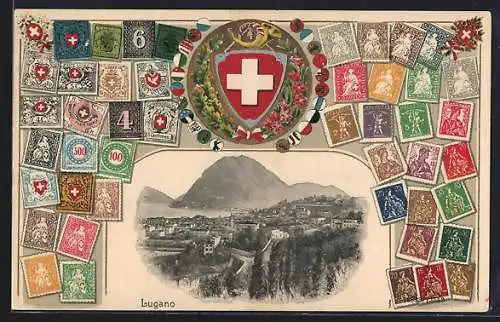 AK Lugano, Gesamtansicht am Bergsee, Schweizer Briefmarken