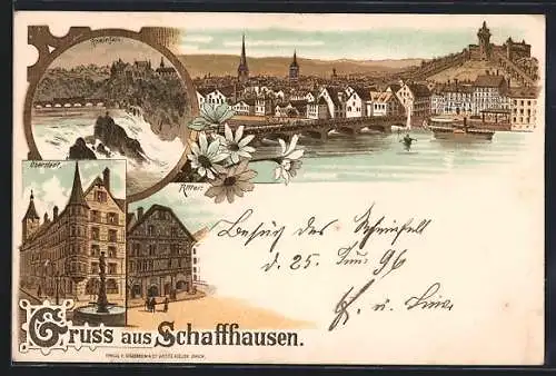 Lithographie Schaffhausen, Oberstadt, Rheinfall, Ritter