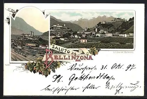 Lithographie Bellinzona, Ortsansicht mit dem Bahnhof, Gesamtansicht gegen die Berge