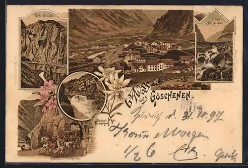 Lithographie Göschenen, Teufelsbrücke, In der Schöllenen, St. Gotthard-Befestigung