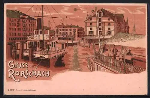 Lithographie Rorschach, Hafenpartie mit dem Hotel Hirschen in der Sonne