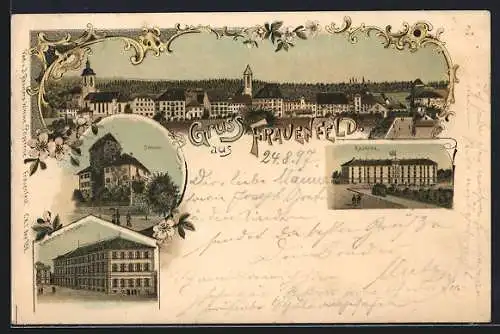 Lithographie Frauenfeld, Schloss, Kantons-Schule, Kaserne, Ortsansicht