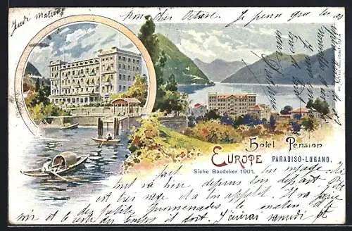 Lithographie Paradiso-Lugano, Hotel-Pension Europe, Teilansicht am Bergsee