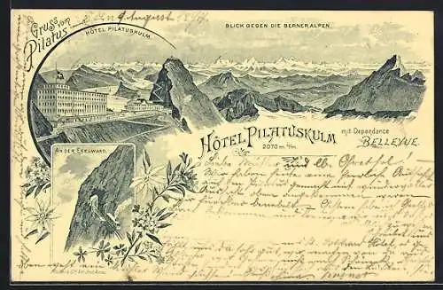 Vorläufer-Lithographie Pilatuskulm, 1894, Das Hotel, Blick gegen die Berneralpen, Bergbahn an der Eselwand