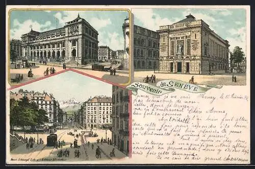 Lithographie Geneve, Strassenpartien mit Victoria Hall & Strassenbahn