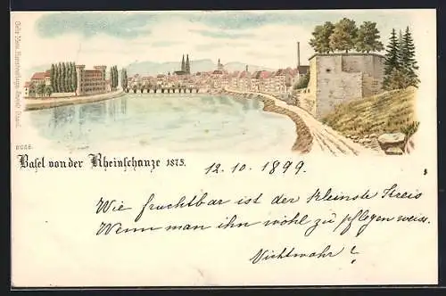 Lithographie Basel, Ortsansicht von der Rheinschanze aus