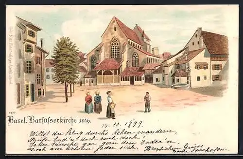 Lithographie Basel, Passanten vor der Barfüsserkirche 1846