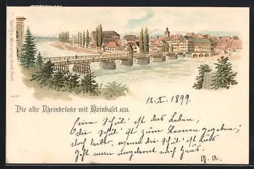 Lithographie Basel, Alte Rheinbrücke mit Kleinbasel, 1831