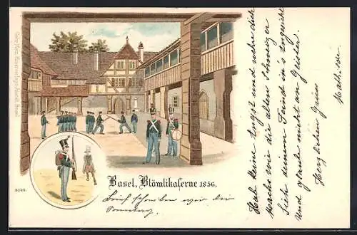 Lithographie Basel, Ansicht der Blömlikaserne 1856