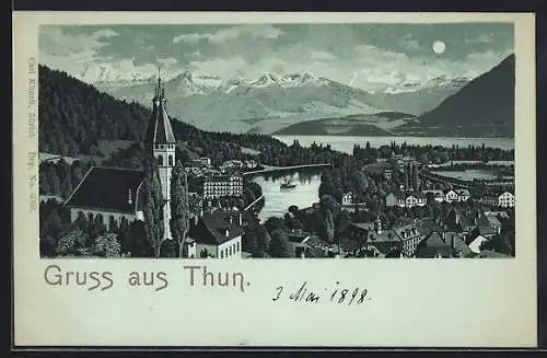 Mondschein-Lithographie Thun, Ortsansicht mit Blick in die Berge