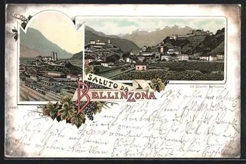 Lithographie Bellinzona, Teilansicht, Bahnhof