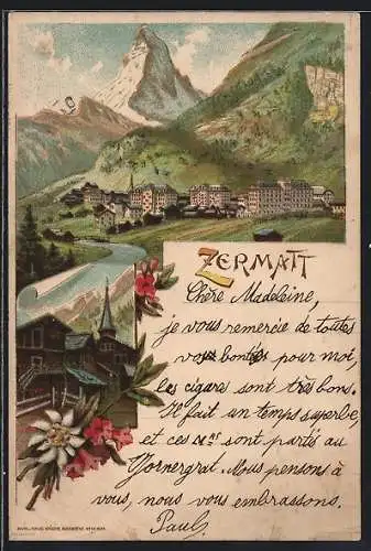 Lithographie Zermatt, Ortsansicht in den Bergen