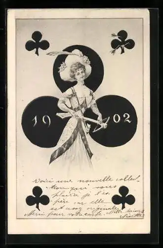 AK Kartenspiel, Kreuz-Dame mit Armbrust, Jahreszahl 1903