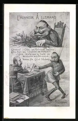 Künstler-AK L`Honneur Allemand, Kaiser Wilhelm II. verdirbt sich den Magen an belgischem Kriegsgerät