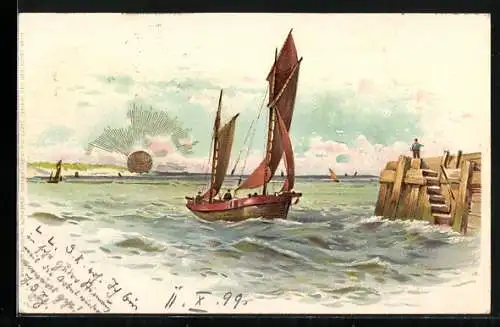 Sonnenschein-Lithographie Segelboot fährt aufs Meer hinaus