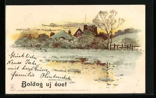 AK Fröhliche Weihnachten, Verschneite Dorflandschaft mit aufgehender Sonne