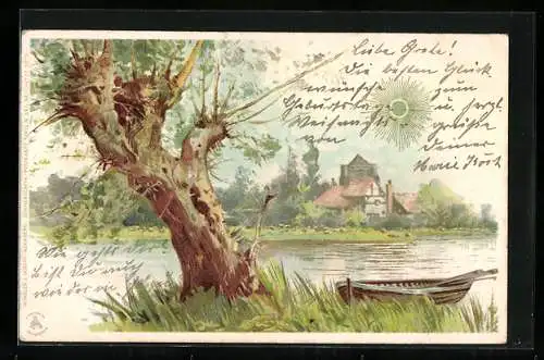 Sonnenschein-AK Uferpartie mit Baum und Ruderboot, Landschaftsbild