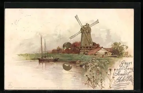 Sonnenschein-AK Uferlandschaft mit Windmühle und Boot