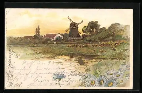 Sonnenschein-Lithographie Landidyll mit Windmühle