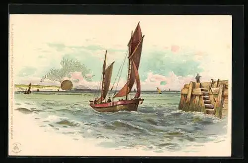 Lithographie Cuxhaven, Segelboot am Hafen