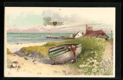 Sonnenschein-Lithographie Ruderboot in den Dünen