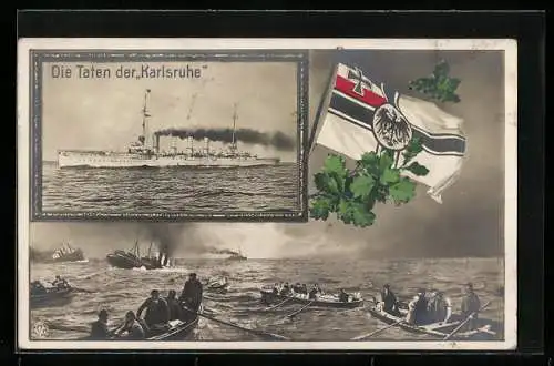 AK Kriegsschiff Karlsruhe in Fahrt, Reichskriegsflagge