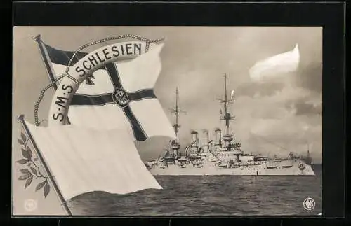 AK Kriegsschiff S.M.S. Schlesien mit Reichskriegsflagge