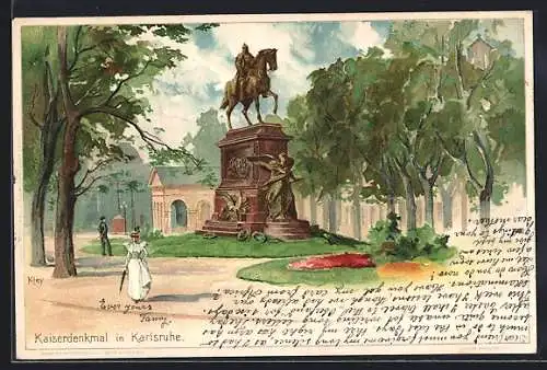 Künstler-AK Heinrich Kley: Karlsruhe, Spaziergänger vor dem Kaiserdenkmal