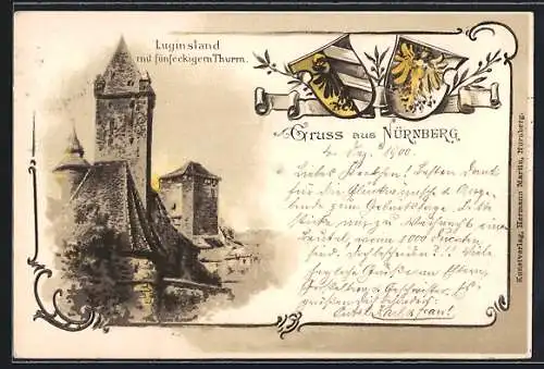 Lithographie Nürnberg, Luginsland mit fünfeckigem Turm, Wappen