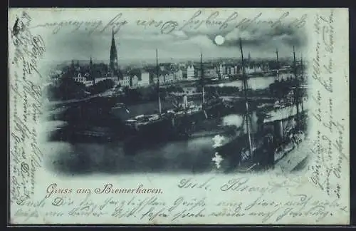 Mondschein-AK Bremerhaven, Hafen mit Dampfern